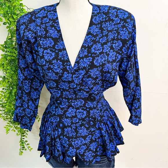 Vintage Tops - Vintage Blue Floral Black Peplum Wrap Top
